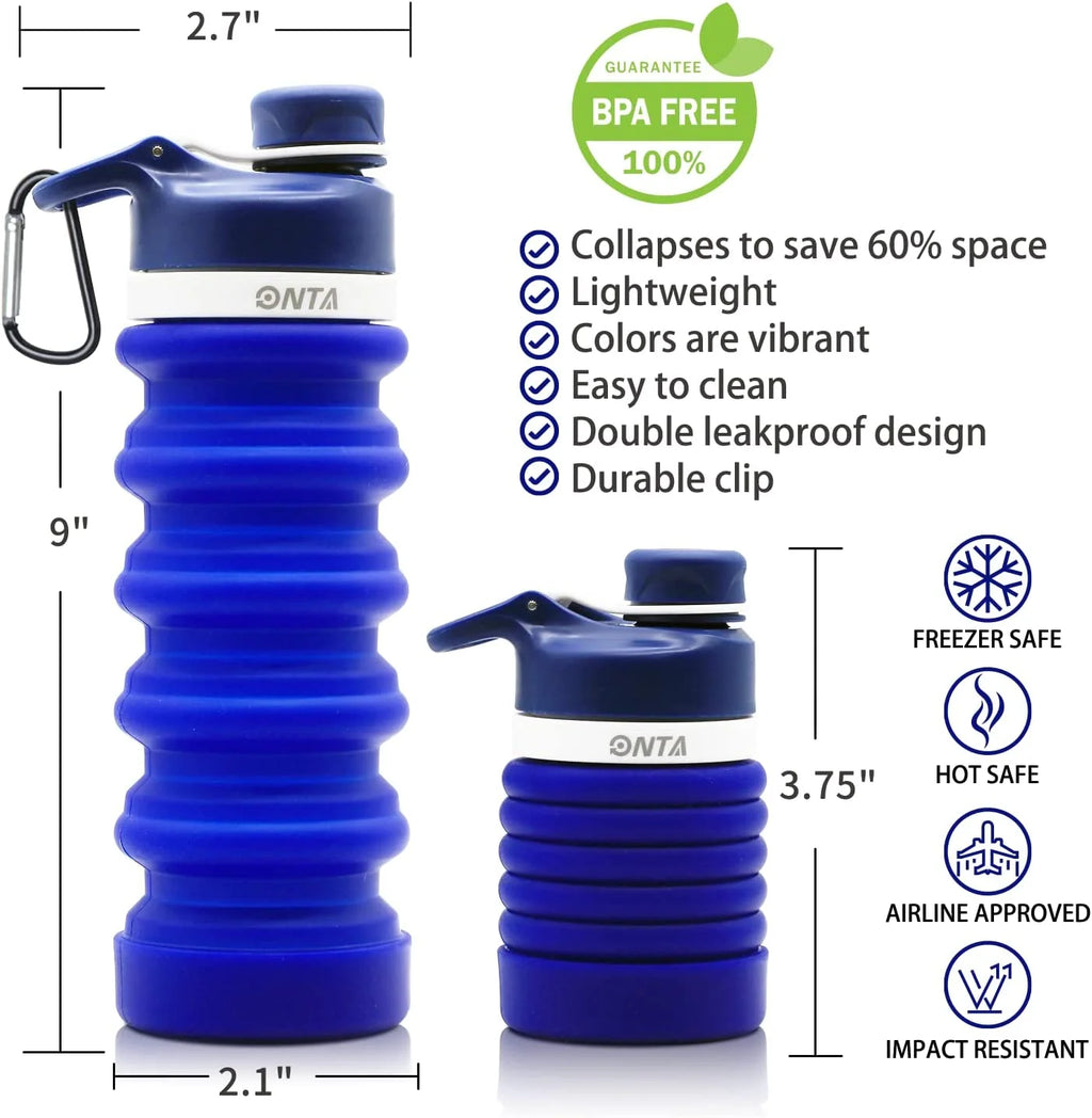 Collapsible Water Bottle- BPA Free Silicone Foldable Water Bottle for Travel,Silicone Portable Leak-Proof Travel Water Bottle 20Oz, Dark Blue