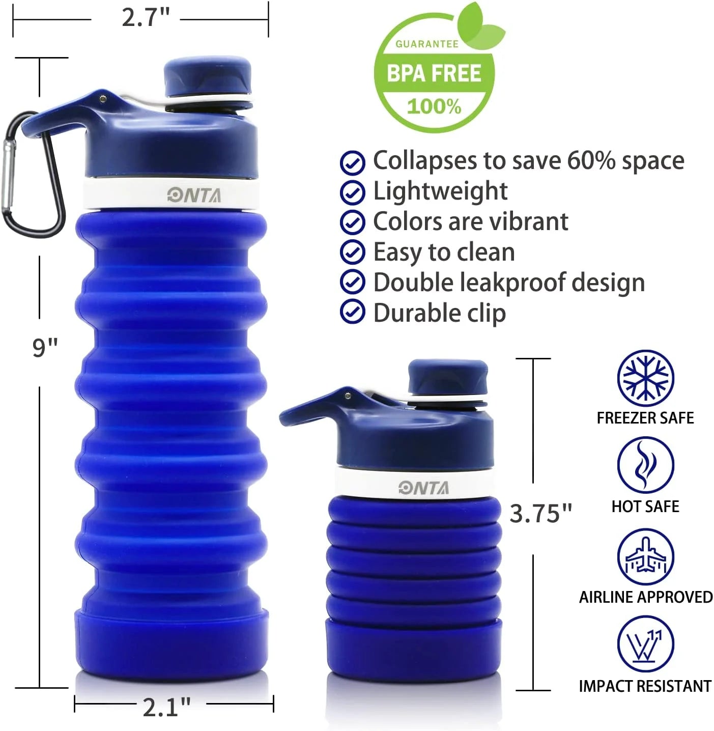 Collapsible Water Bottle- BPA Free Silicone Foldable Water Bottle for Travel,Silicone Portable Leak-Proof Travel Water Bottle 20Oz, Dark Blue