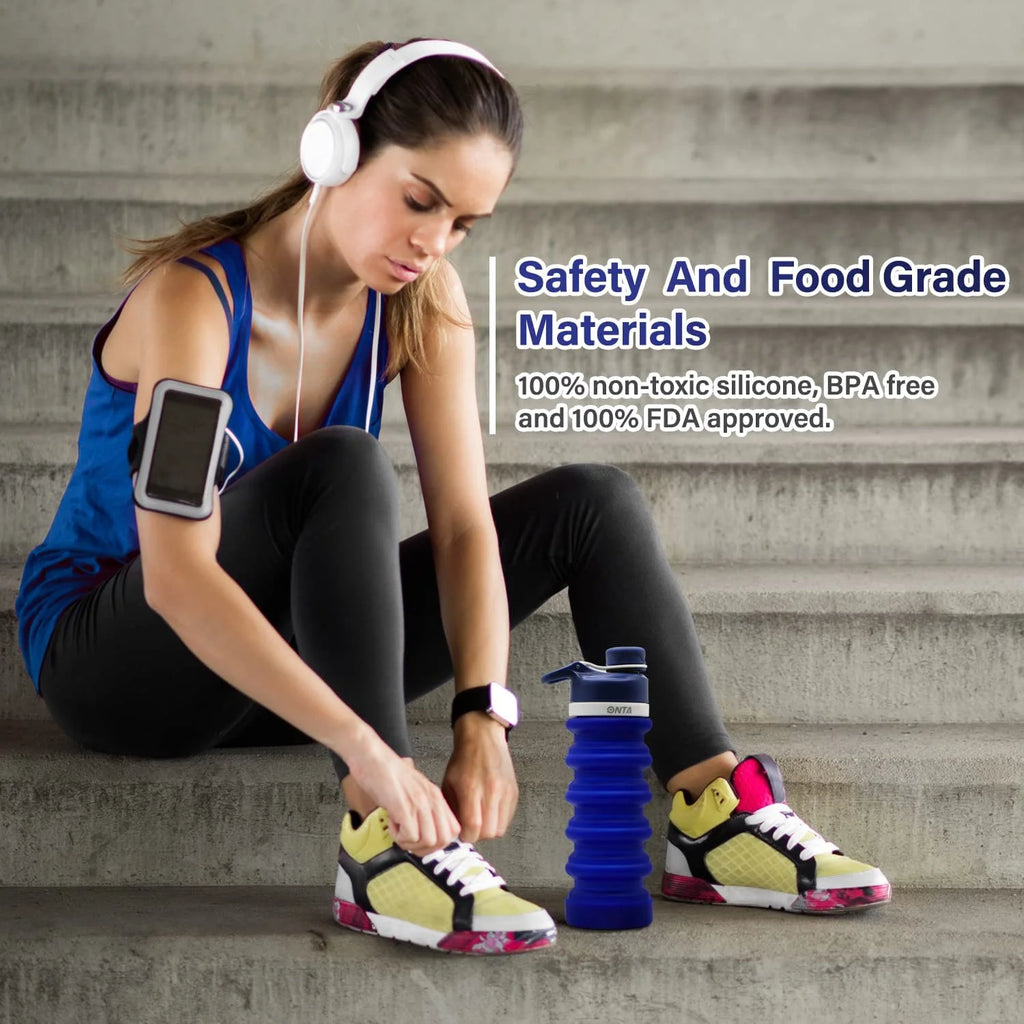 Collapsible Water Bottle- BPA Free Silicone Foldable Water Bottle for Travel,Silicone Portable Leak-Proof Travel Water Bottle 20Oz, Dark Blue