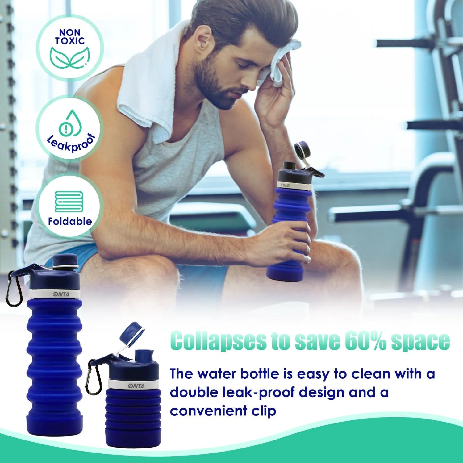 Collapsible Water Bottle- BPA Free Silicone Foldable Water Bottle for Travel,Silicone Portable Leak-Proof Travel Water Bottle 20Oz, Dark Blue