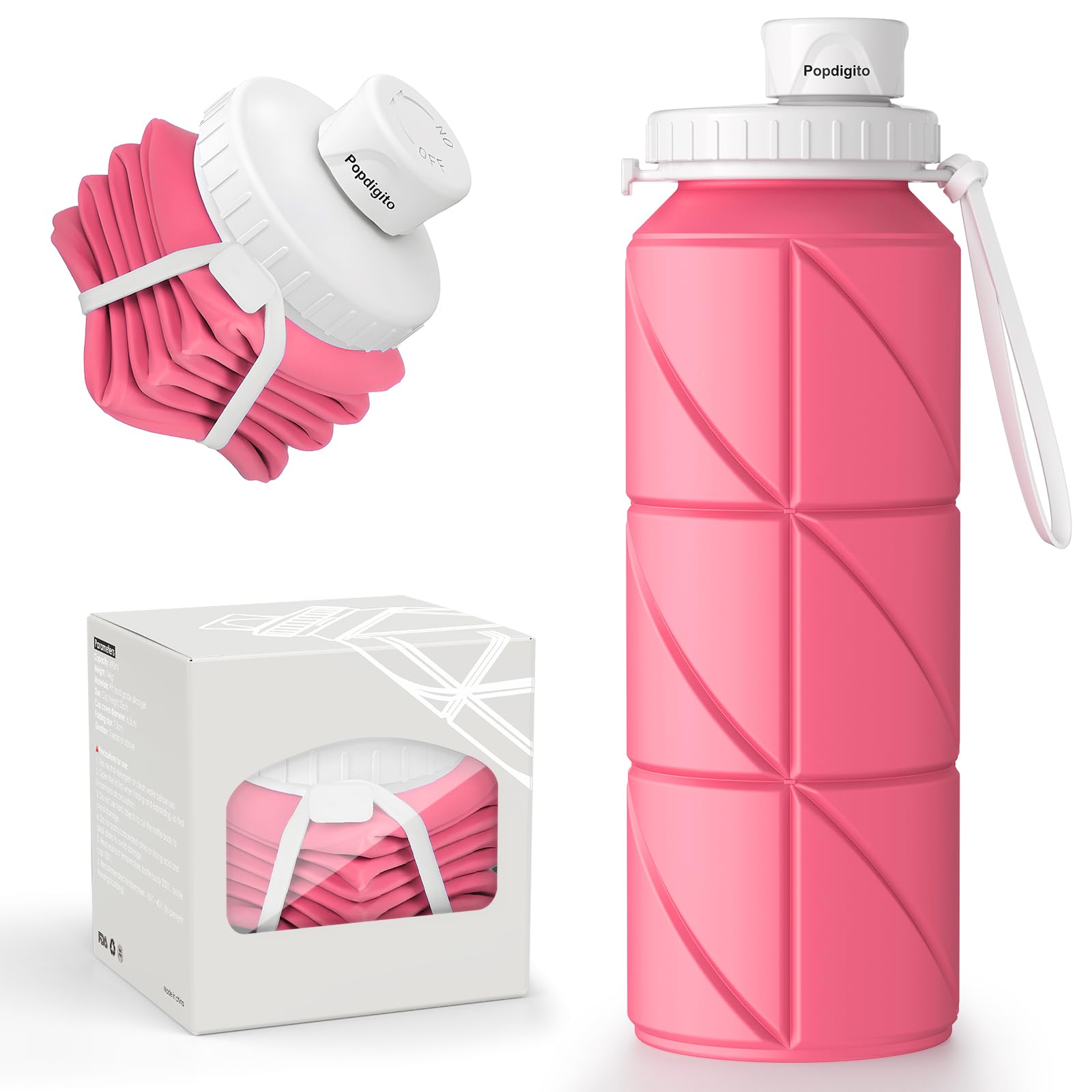 Popdigito Collapsible Water Bottle Foldable Silicone Travel Water Bottle Leakproof Flexible BPA Free PortableFolding Water Bottle Lightweight for Camping HikingSports Water Bottles Travel 23oz