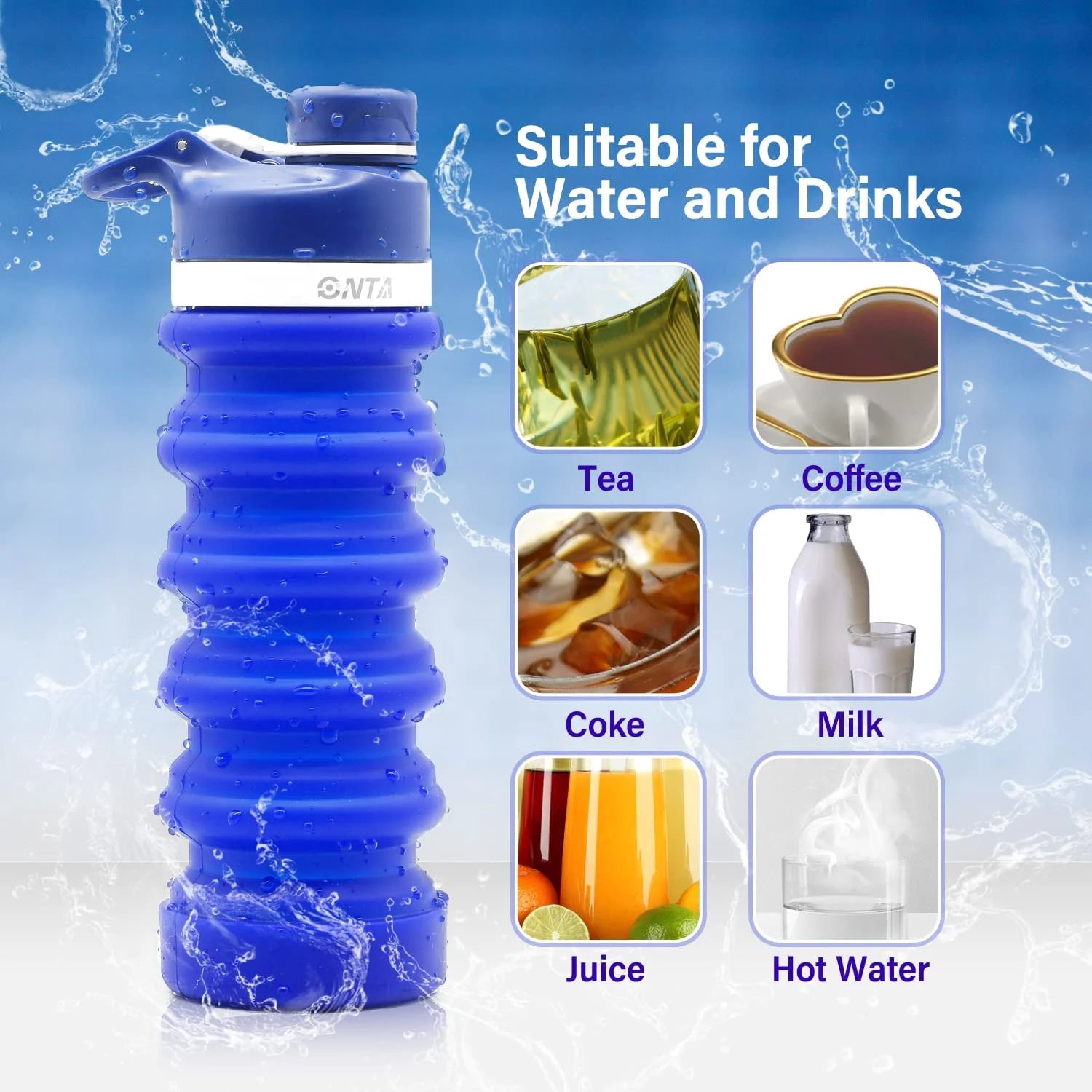 Collapsible Water Bottle- BPA Free Silicone Foldable Water Bottle for Travel,Silicone Portable Leak-Proof Travel Water Bottle 20Oz, Dark Blue