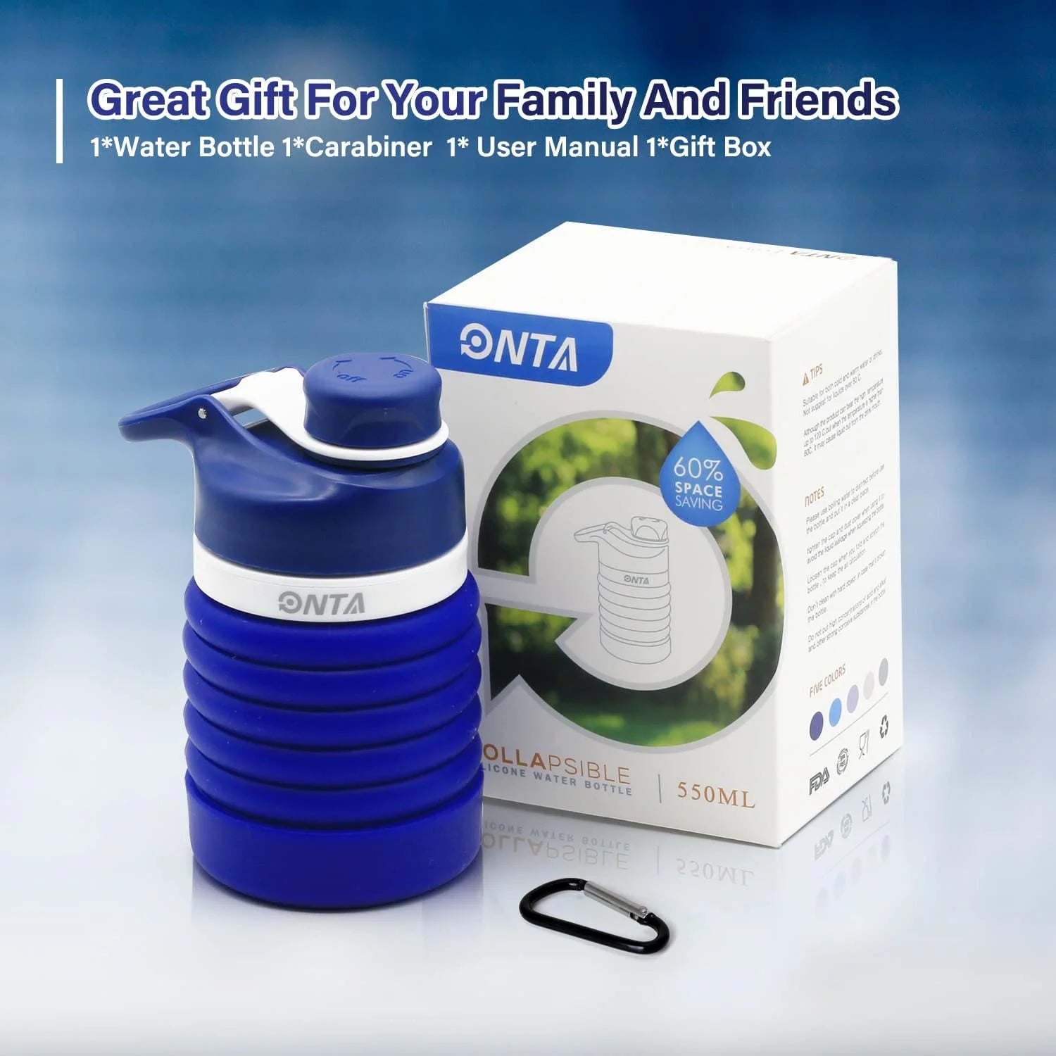 Collapsible Water Bottle- BPA Free Silicone Foldable Water Bottle for Travel,Silicone Portable Leak-Proof Travel Water Bottle 20Oz, Dark Blue