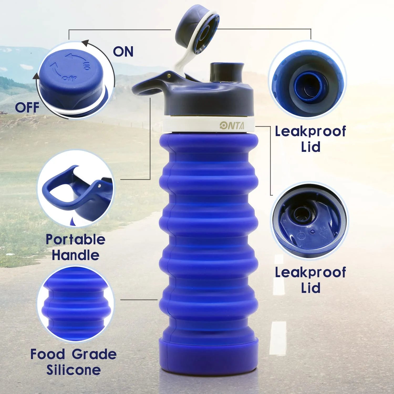 Collapsible Water Bottle- BPA Free Silicone Foldable Water Bottle for Travel,Silicone Portable Leak-Proof Travel Water Bottle 20Oz, Dark Blue