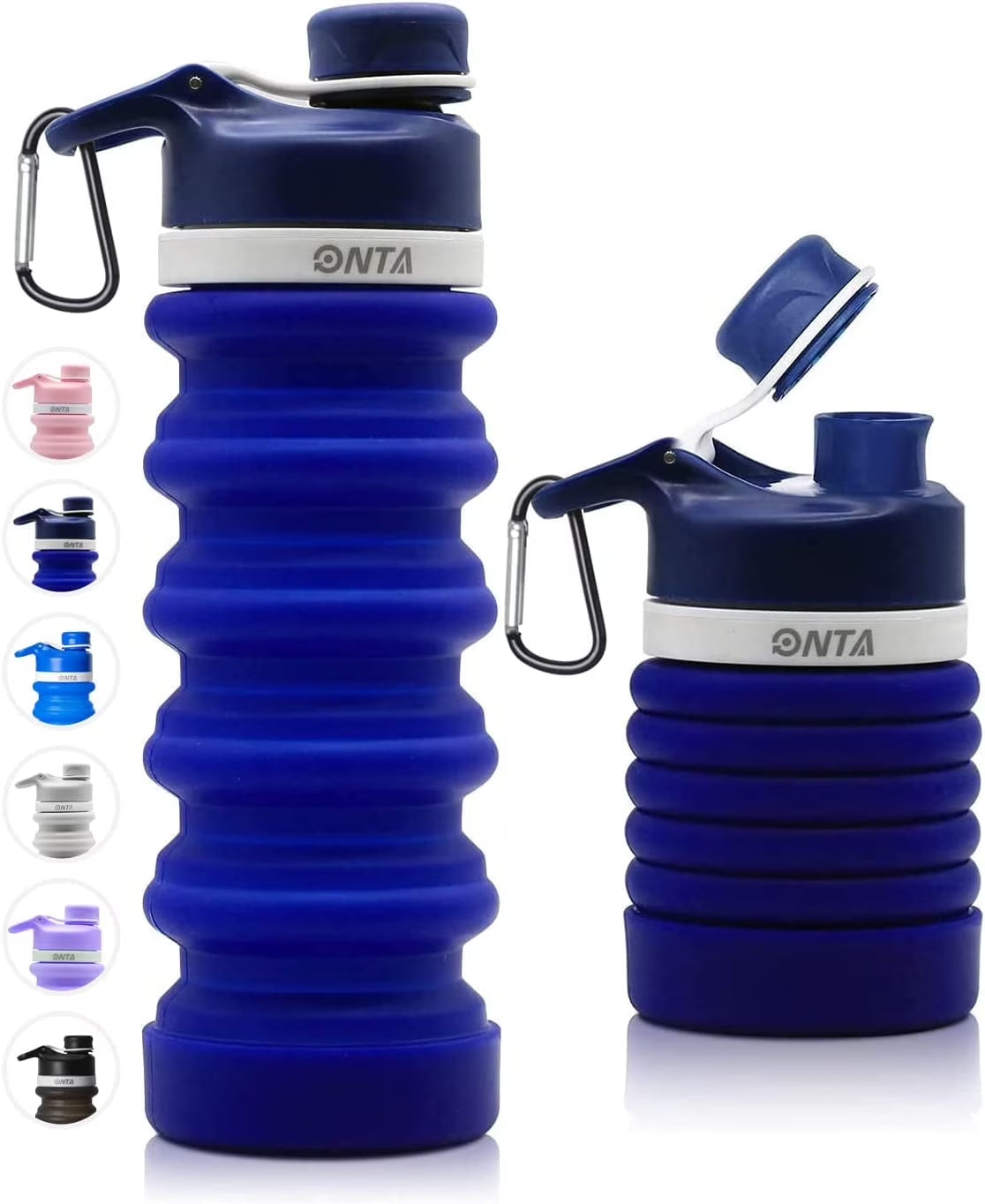 Collapsible Water Bottle- BPA Free Silicone Foldable Water Bottle for Travel,Silicone Portable Leak-Proof Travel Water Bottle 20Oz, Dark Blue